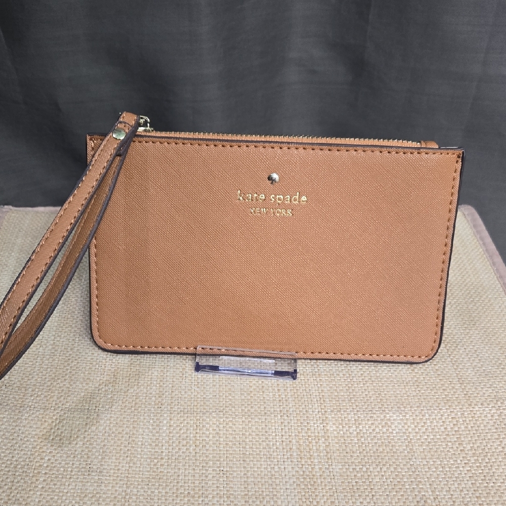 kate spade Tan Leather Wristlet with Gold Logo